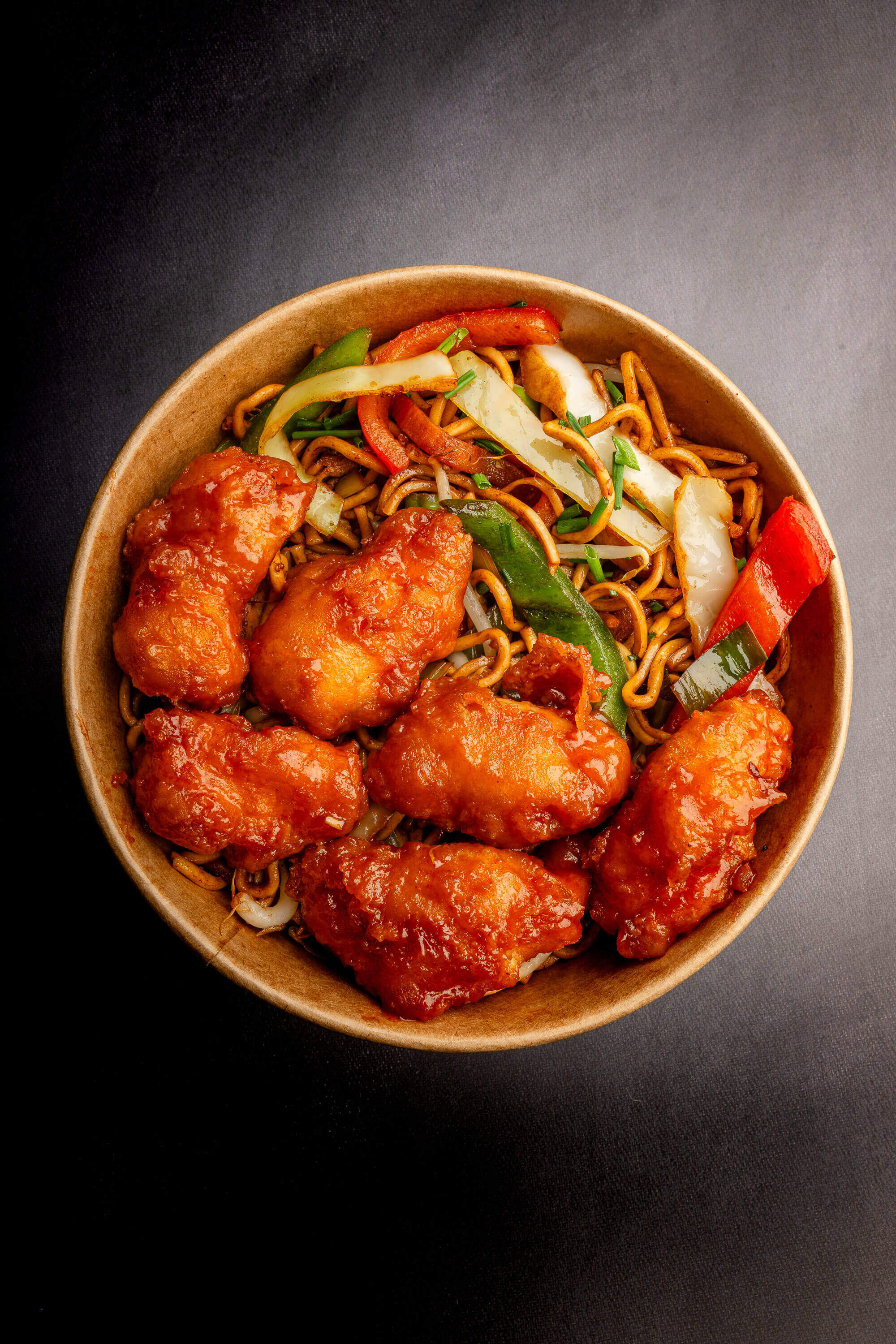 Yaki fried noodles with honey BBQ chicken
